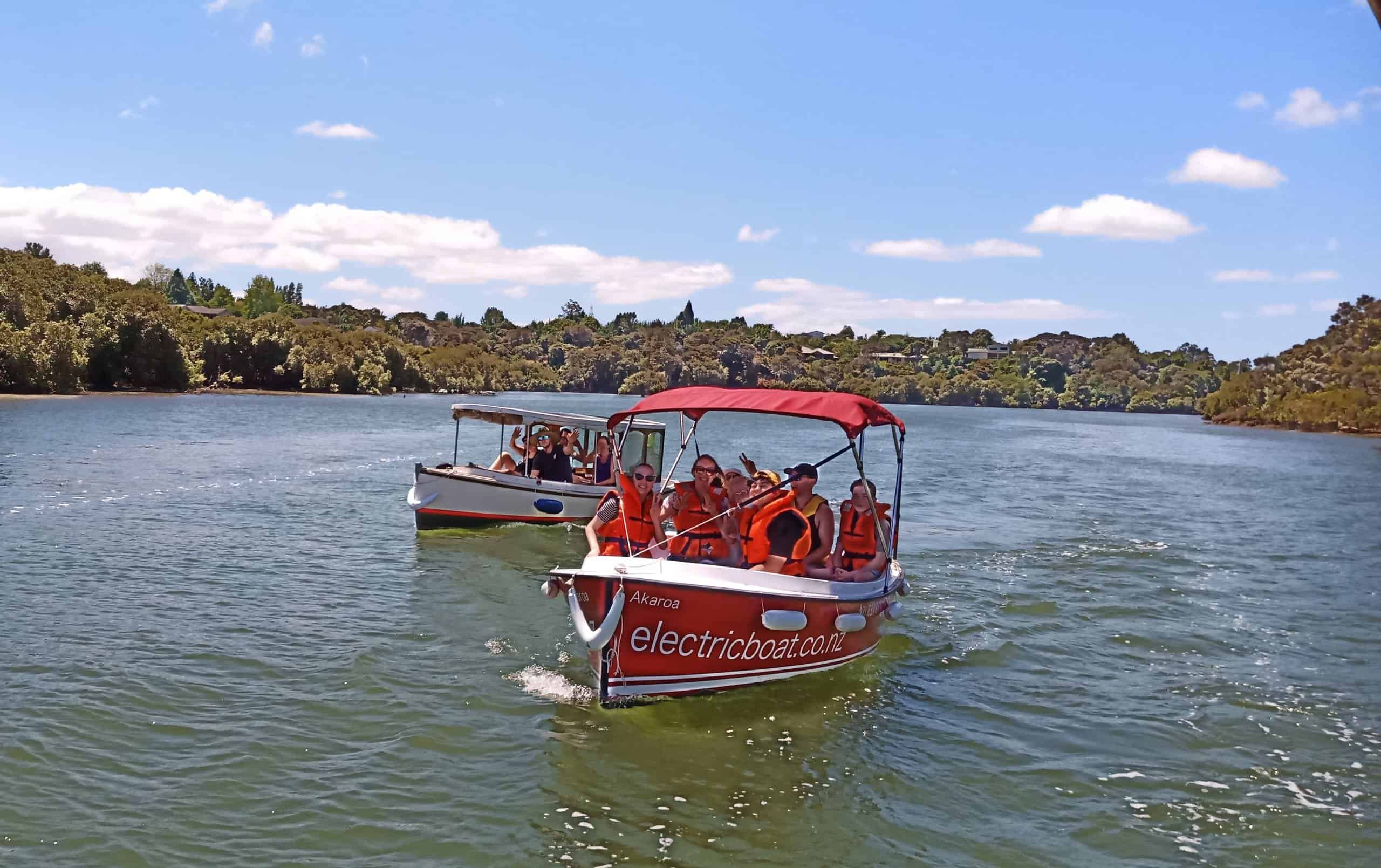 Silent electric boat hire on the Kerikeri River, Bay of Islands See