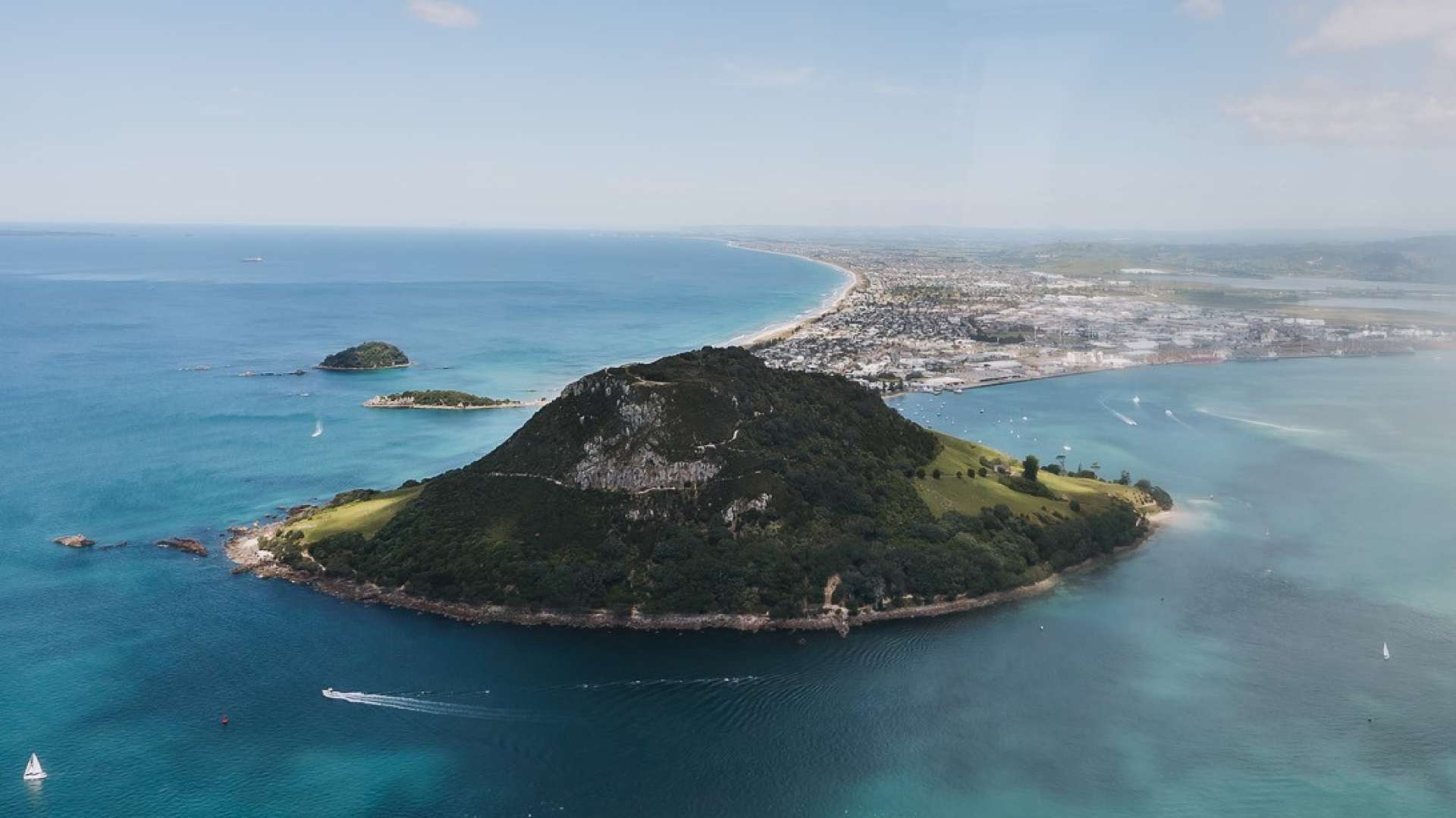 Aerial view of Matakana Island and Tauranga Harbour from above
