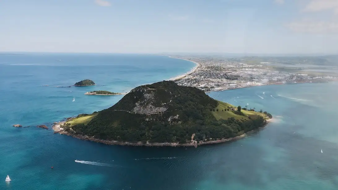 Aerial view of Matakana Island and Tauranga Harbour during a Bay of Plenty scenic flight