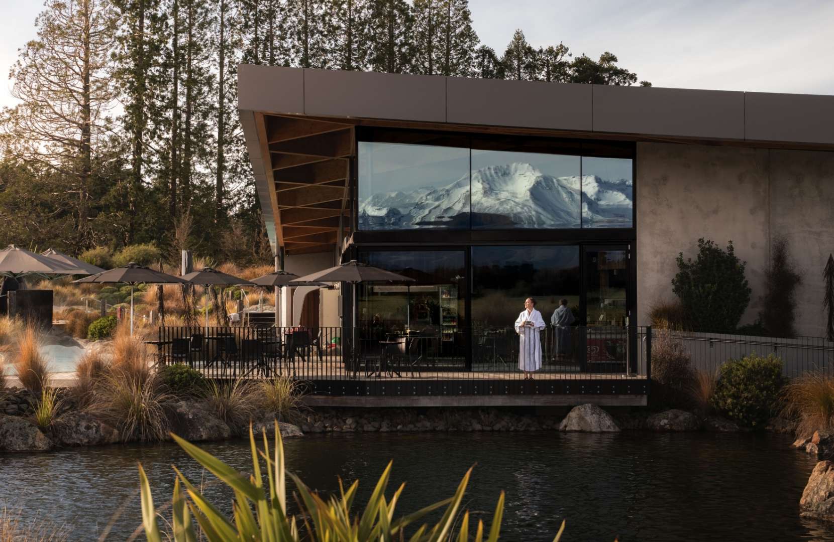 Discovery Cafe with Southern Alps reflected in the window