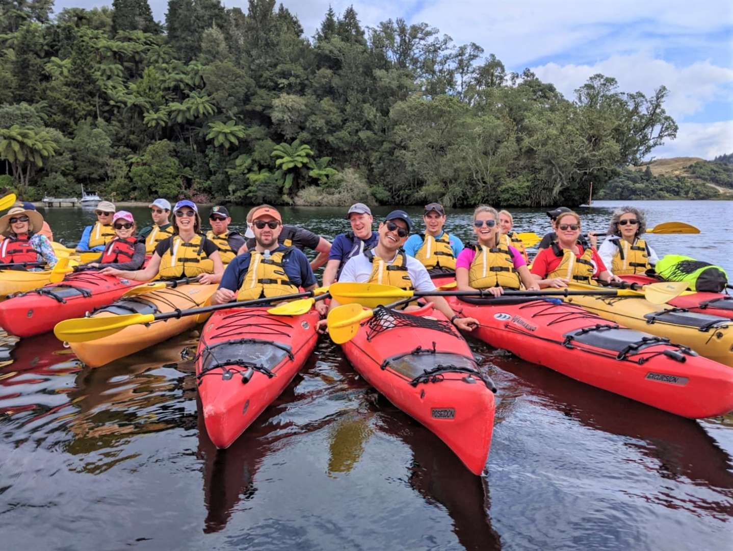 Kayak past the cascading native bush