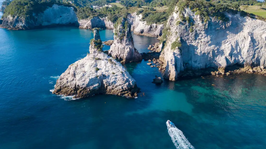 Aerial shot of Sea Cave Adventures boat in clear waters off Whitianga